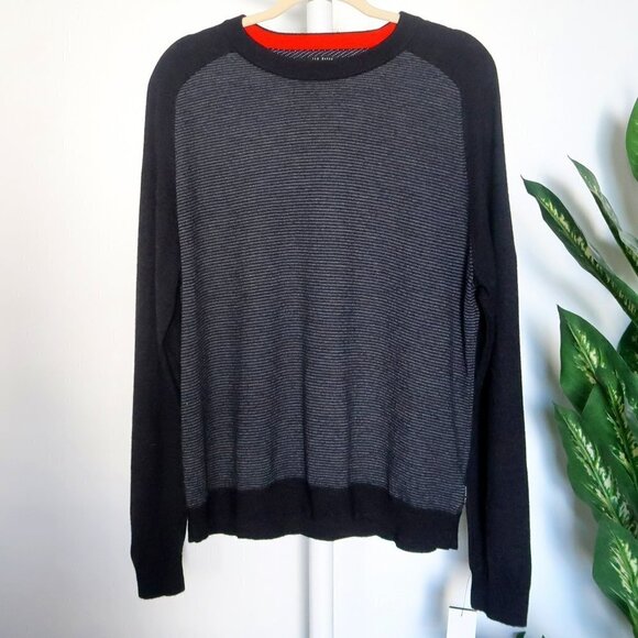 Ted Baker Black Grey Wool Knit Long Sleeve Crew Neck Sweater